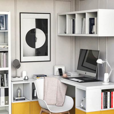IKEA corner workplace with EKET storages and BILLY OXBERG bookcase — Вид 3
