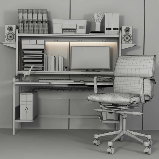 Collection of office furniture for home and stationery. Computer, table and chair — Descargar