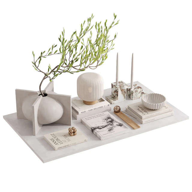 Decorative set with a tree branch in beige colors — Descargar