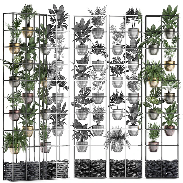 Vertical gardening. 27. Shelf with plants, rack, fern, areca palm, monstera, loft, indoor plants, vertical garden, phytowall, phytomodule, pots, eco design, Raphis palm — Descargar