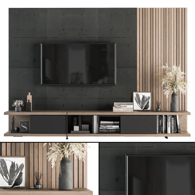 TV Wall Black Concrete and Wood - Set 10 — Ver 1