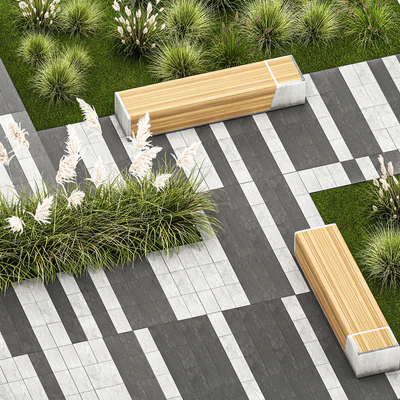 Plants for the urban environment with paving slabs, bench, bench, pampas grass bushes, Cortaderia. 1151. — Ver 1
