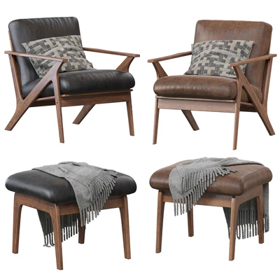 Baxton Studio Bianca Mid-Century Modern Walnut Wood Distressed Faux Leather Lounge Chair And Ottoman Set — Ver 2
