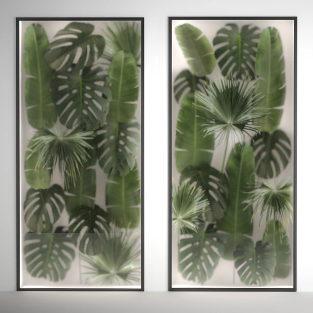 Phytowall and phytobox made of banana palm branches and fan palm leaves in a niche behind a translucent stack. Bouquet 286. — Descargar