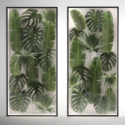 Phytowall and phytobox made of banana palm branches and fan palm leaves in a niche behind a translucent stack. Bouquet 286. — Ver 1