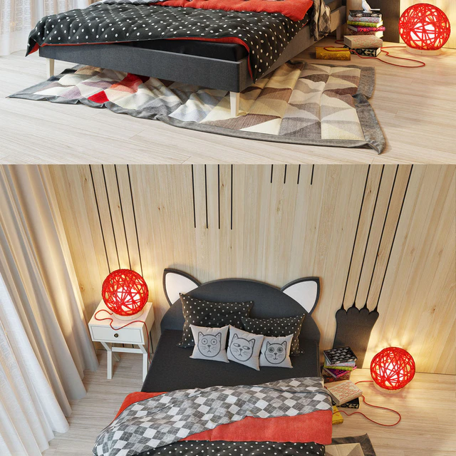 Bed and wooden panel. Kitten.LASKA Family — Descargar
