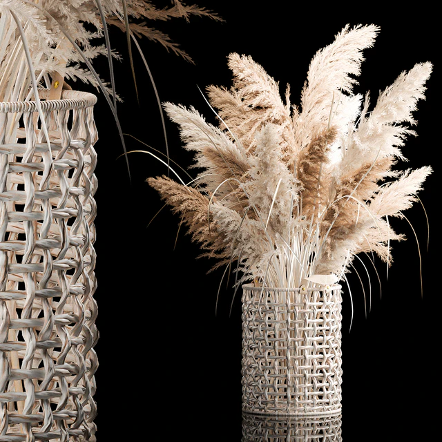 Bouquet of white dried flowers in a wicker basket, reeds, pampas grass, Cortaderia. 256. — Descargar