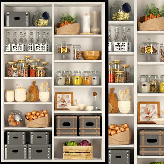 Closet in the pantry with products, spices and groceries in a classic style — Descargar
