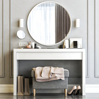 Ikea Malm Dressing Table with Langesund Round Mirror and Strandmon Gray Ottoman — Вид 4