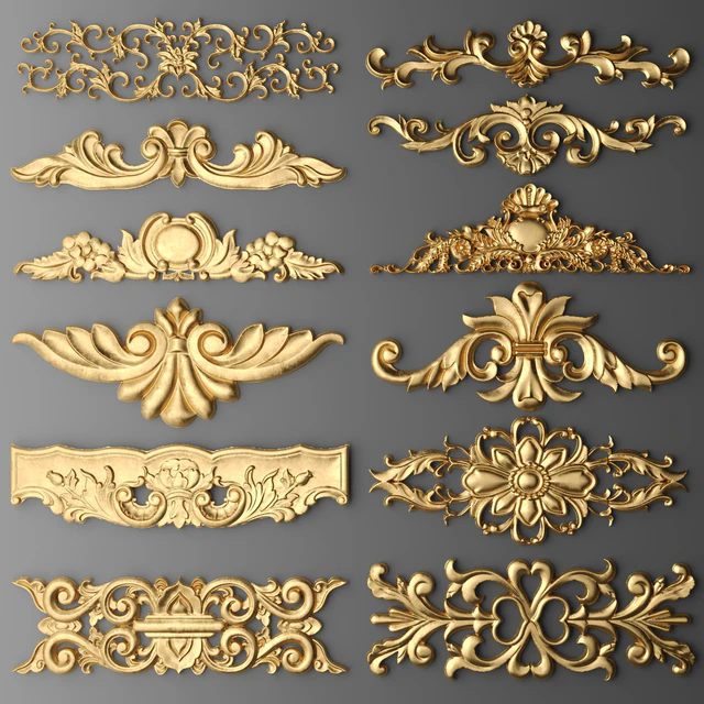 Набор лепных декоров, Лепнина, картуш, корона, luxury, золотой декор, резьба, лепка, лепной, потолочная, классическая — Скачать