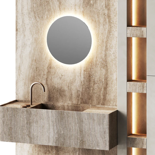 Bathroom furniture with travertine and round mirror — Descargar