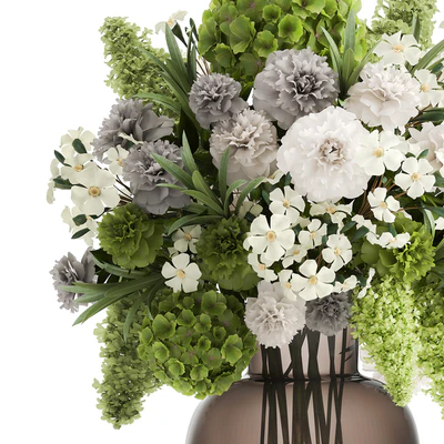 A wonderful bouquet of green spring flowers in a glass vase with hydrangeas, lilacs, peonies. 151. — Ver 4