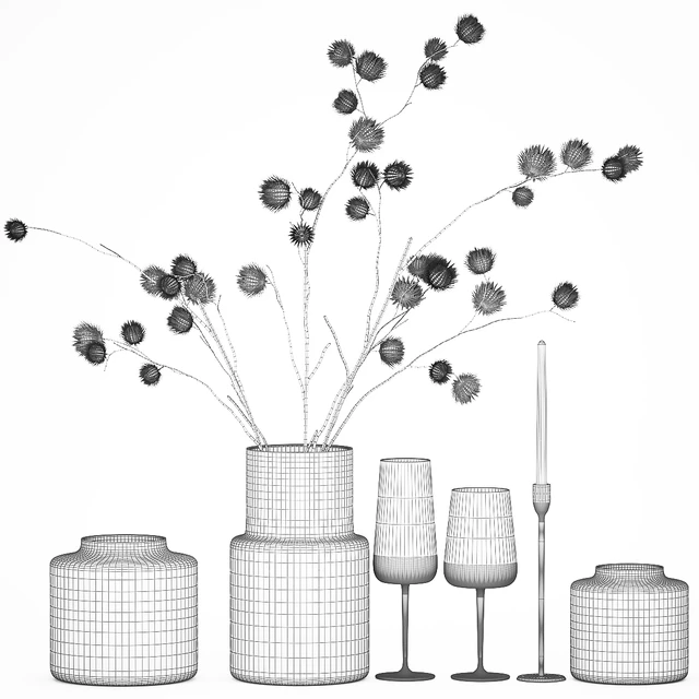 Bouquet of dried flowers from thorn branches burdock with a vase and a glass of sparkling wine. 253 — Descargar