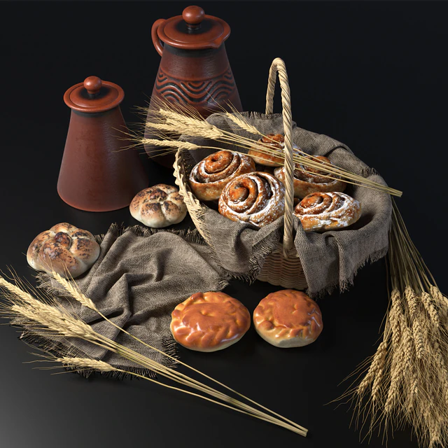 Composition with buns in a wicker basket — Descargar