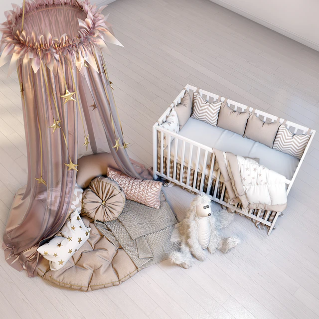 A cozy set for a children's room with a canopy, a cot IKEA Gulliver and a fluffy rabbit. — Descargar