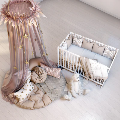 A cozy set for a children's room with a canopy, a cot IKEA Gulliver and a fluffy rabbit. — Ver 2