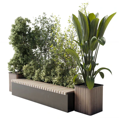 Urban Environment Urban Furniture Green Benches Set Plants Tree 29 — Вид 1