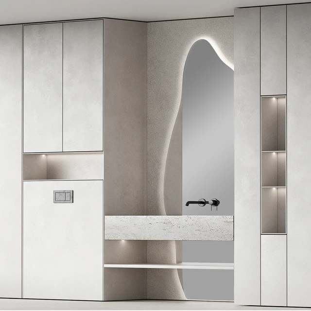 Bathroom furniture set 8. Monochrome grey. Curved mirror shape. Stone sink. Wall-mounted faucet. — Descargar