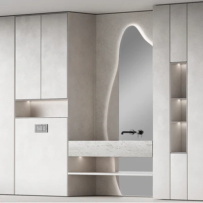 Bathroom furniture set 8. Monochrome grey. Curved mirror shape. Stone sink. Wall-mounted faucet. — Ver 3