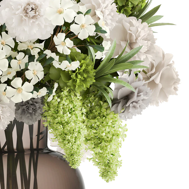 A wonderful bouquet of green spring flowers in a glass vase with hydrangeas, lilacs, peonies. 151. — Descargar