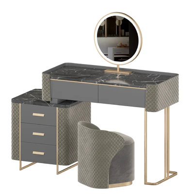 Luxury Makeup Vanity Set with LED Lighted Mirror, Side Cabinet and 5 Drawers, Modern Sintered Stone Dressing Table with Stool for Bedroom — Вид 2