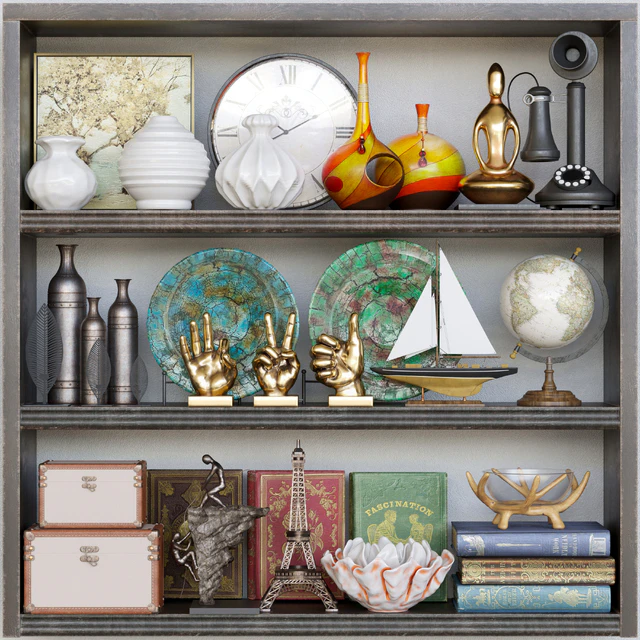 Wardrobe with a collection of vases, decor and figurines. Books — Descargar