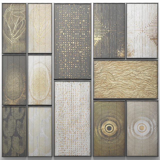 A collection of paintings. Gold. 3. wall decor, a set of paintings, luxury, panels, gold, white, black, set, decorative, abstraction, pattern — Descargar