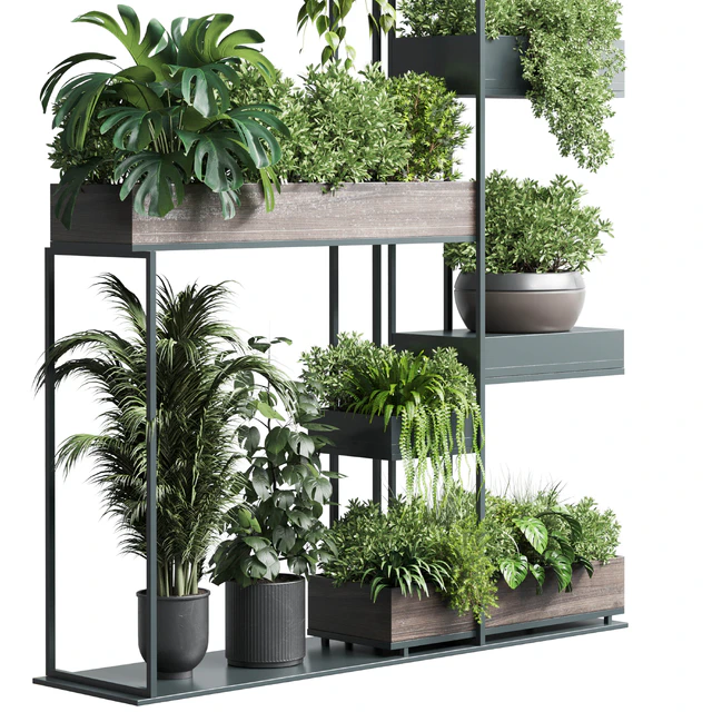 Standing metal shelf with a set of plants in wooden and metal boxes 267 — Descargar