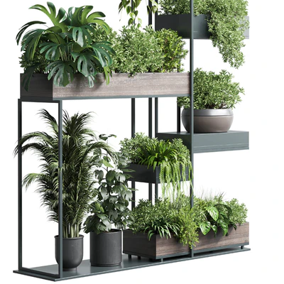Standing metal shelf with a set of plants in wooden and metal boxes 267 — Ver 3