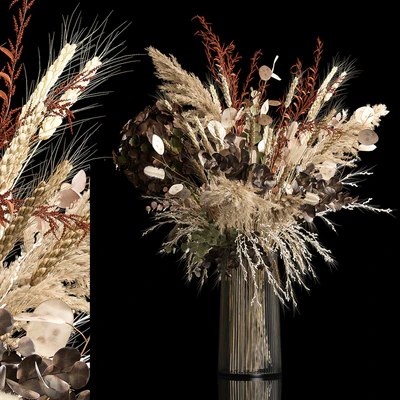 Bouquet in a glass vase made of dried flower, hydrangea, pampas grass, reed, cortaderia, moonflower, wheat, spikelet. 259. — Ver 2