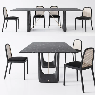 CB2 Nadia Cane chair, Rocco Rectangular marble dining table — Ver 1