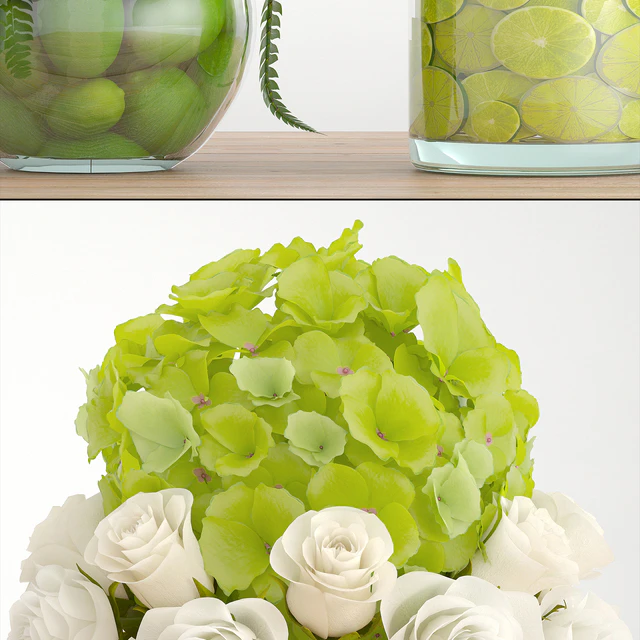 Bouquet of flowers 66. White flowers, lilies, hydrangea, vase with lemon — Descargar