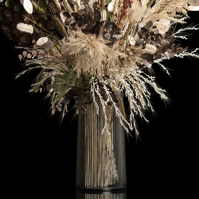 Bouquet in a glass vase made of dried flower, hydrangea, pampas grass, reed, cortaderia, moonflower, wheat, spikelet. 259. — Descargar