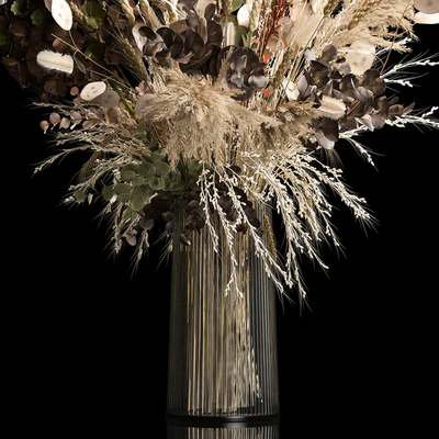 Bouquet in a glass vase made of dried flower, hydrangea, pampas grass, reed, cortaderia, moonflower, wheat, spikelet. 259. — Ver 3