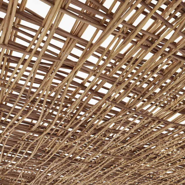 Ceiling wood thin branch beam n1 / Wooden ceiling made of thin branches on beams — Descargar