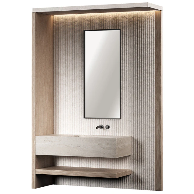 Bathroom furniture set 10. Stone sink. Striped ribbed stone wall. — Descargar
