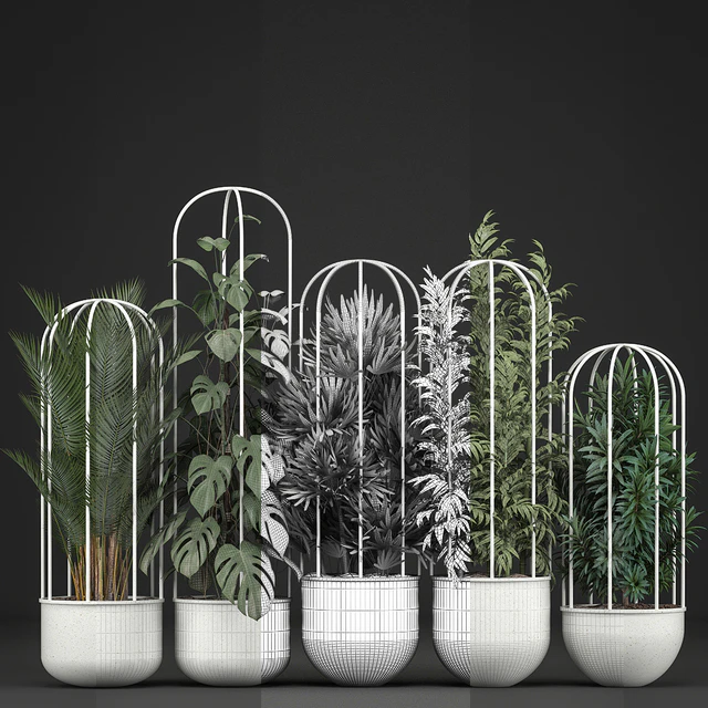 Plant collection 328. White pot, flowerpot, monstera, bamboo, dracaena, palm tree, indoor plants, Scandinavian style, metal flowerpot, bushes, thickets — Descargar
