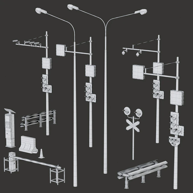 Road elements. Fences, traffic lights, cameras, parking meters. — Descargar