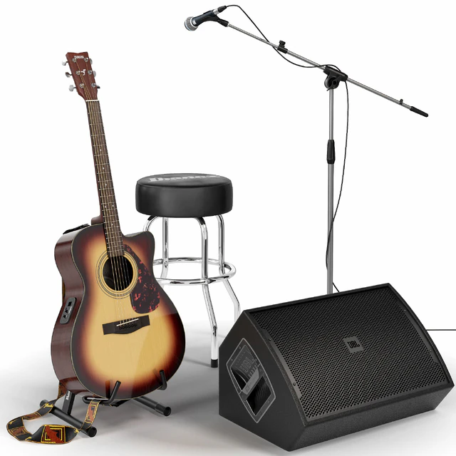 Guitar. Guitar set for stage. Musical instrument. Microphone — Descargar