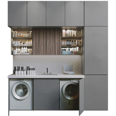 Laundry room in gray with cosmetics, household appliances and bathroom accessories 8 — Ver 1