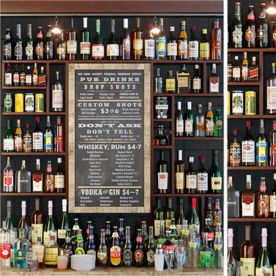 Showcase in the bar with a collection of strong alcohol and cocktails. Alcohol — Ver 1