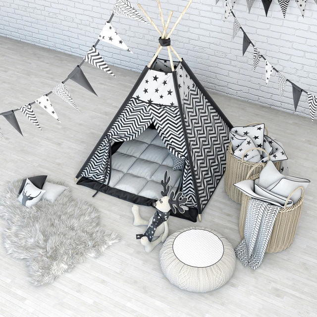 Wigwam with a mattress, pillows, fur skins, baskets, flags and deer — Descargar