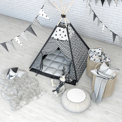 Wigwam with a mattress, pillows, fur skins, baskets, flags and deer — Ver 3