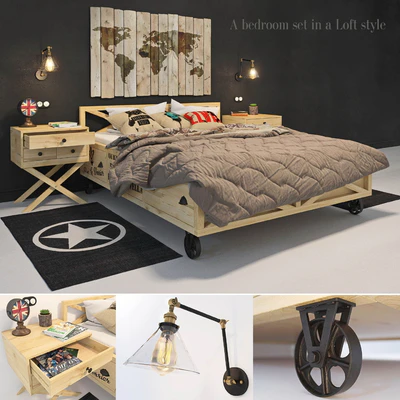 Set for the interior - 2. Bedroom furniture in the Loft style. — View 1