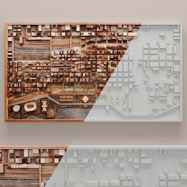 Wood wall art of Chicago cityscape, wall decor, plank panels, wooden decor, boards, wooden wall, panel, slats, city, picture, frame, panel — Download