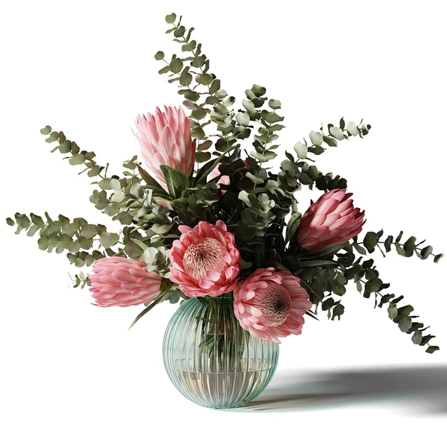Bouquet with pink proteas and eucalyptus in a ribbed glass vase — Descargar