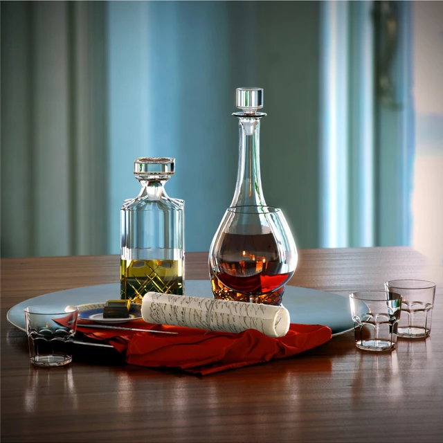A set with a decanter of whiskey and brandy on a large platter - Set whiskey and cognac decanter on dish — Descargar