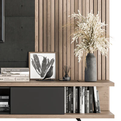 TV Wall Black Concrete and Wood - Set 10 — Ver 4