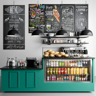 British style cafe with coffee machine and crockery. Showcase with juices — Ver 1