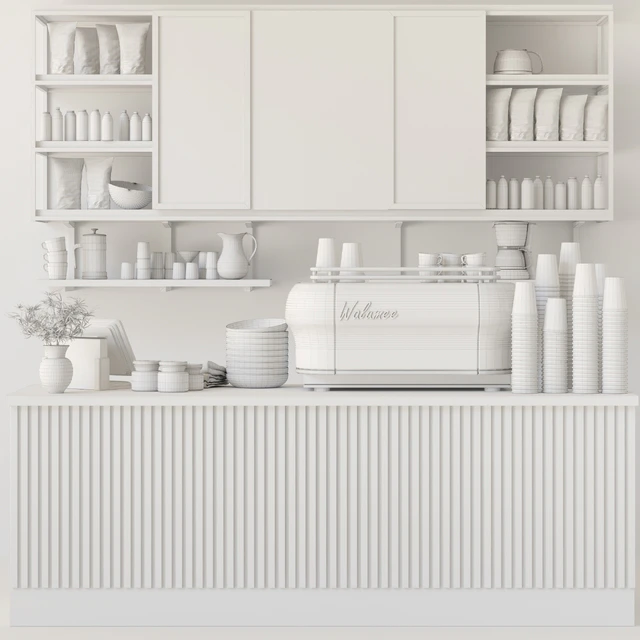 Design project of a cafe in ethnic style with a coffee machine and accessories on the shelves — Descargar